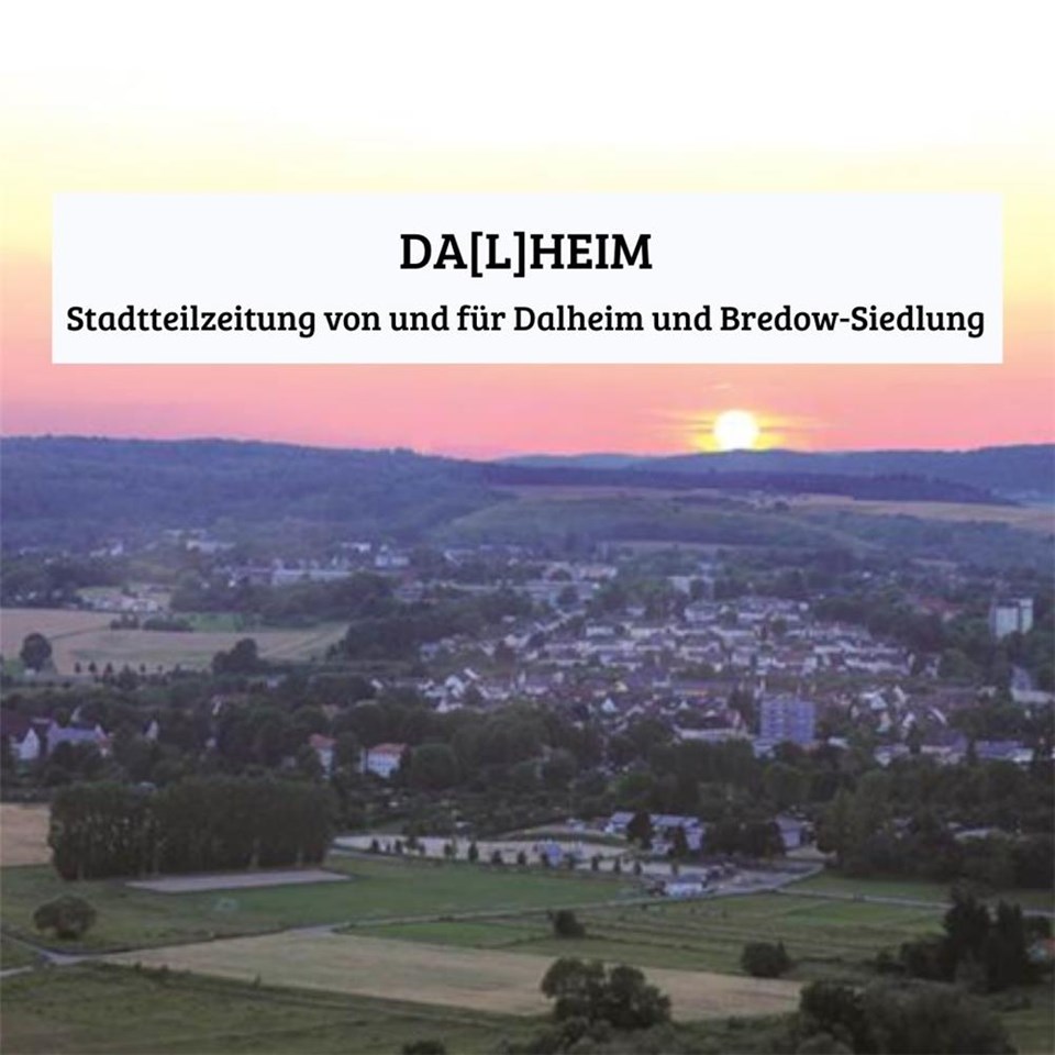 Der Wetzlarer Stadtteil Dalheim bei Sonnenuntergang. Darübergelegt ist der Schriftzug: Stadtteilzeitung Dalheim